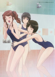  3girls amagami black_hair blue_eyes brown_hair closed_eyes grin groping highres imageboard_desourced imminent_hug ishikura_keiichi legs long_hair long_legs multiple_girls nakata_sae nanasaki_ai non-web_source official_art one-piece_swimsuit open_mouth photoshop_(medium) same-sex_bathing school_swimsuit screaming shared_bathing short_hair showering smile swimsuit tachibana_miya twintails you_gonna_get_raped young_animal_(magazine) 