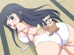  andalucia anitore!_ex arms_behind_back ass black_hair blue_eyes blush bondage bondage bound bound_wrists bra commentary_request female flag holding holding_flag jump_rope kosyooka long_hair on_floor open_mouth panties saotome_shizuno tatami underwear weasel white_bra white_panties 