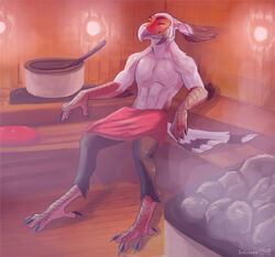  4_toes abs accipitriform anisodactyl anthro asian_mythology athletic athletic_anthro athletic_male avian avian_arms avian_feet bird black_body black_feathers closed_eyes detailed_background digitigrade east_asian_mythology feathers feet guild_wars inkfang japanese_mythology male mythology nude pecs pose quiver_silvertongue relaxing sauna scuted_arms scuted_feet scuted_hands scutes secretary_bird solo talons tengu toes white_body white_feathers yokai 