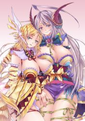  2girls ahoge bare_shoulders between_breasts blue_eyes breasts bug butterfly cleavage commentary_request detached_sleeves dragon_girl dragon_horns dual_persona eyeliner facial_mark forehead_mark frilled_sleeves frills grey_hair highres horns huge_ahoge huge_breasts japanese_clothes kanna_(p&amp;d) long_hair looking_at_viewer makeup multiple_girls parted_lips purple_eyes puzzle_&amp;_dragons ribbon roy_(pixiv992911) sitting skindentation very_long_hair wide_sleeves 