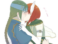  1boy bad_id bad_pixiv_id blush bob_cut braid closed_eyes elbow_gloves female fire_emblem fire_emblem:_the_blazing_blade gloves green_hair guy_(fire_emblem) head_wings kissing priscilla_(fire_emblem) red_hair shiina_maru short_hair straight wings 