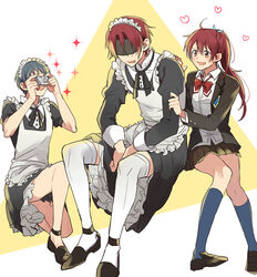  2boys alternate_costume bad_id bad_pixiv_id blush brother_and_sister crossdressing dress embarrassed enmaided female free! full_body heart iwatobi_high_school_uniform maid maid_headdress matsuoka_gou matsuoka_rin multiple_boys nitori_aiichirou open_mouth red_eyes red_hair school_uniform sei_(hanibani) shaded_face siblings skirt smile 