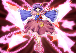  commentary_request danmaku eyeball female fue_(fuef) hairband heart highres komeiji_satori miserable_fate open_mouth outstretched_arms purple_eyes purple_hair short_hair slippers smile solo spread_arms third_eye touhou 