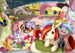  1boy 6+girls :p apple_bloom_(mlp) aqua-framed_eyewear blush box commentary_request cutie_mark diamond_tiara discord_(my_little_pony) fluttershy_(mlp) glasses horse japan_ponycon kashiwa_mochi_(food) kodomo_no_hi koinobori koishi_chikasa leaf looking_at_viewer mascot multicolored_hair multiple_girls my_little_pony my_little_pony:_friendship_is_magic no_humans oak_leaf open_mouth origami paper_hat paper_kabuto pegasus pink_hair pinkie_pie_(mlp) poniko_(japan_ponycon) pony_(animal) poster_(medium) purple_hair red_hair roku_(japan_ponycon) scootaloo_(mlp) silver_spoon smile streaked_hair sweetie_belle_(mlp) tongue tongue_out windsock 