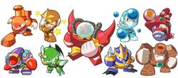  6+boys ;d android arm_cannon bat_wings blue_eyes charge_man chibi clenched_hand clenched_hands commentary_request crystal_man dark_man everyone fighting_stance flippers gravity_man green_eyes gyro_man harpoon kin_niku male_focus mega_man:_powered_up mega_man_(classic) mega_man_(series) mega_man_5 multiple_boys napalm_man one_eye_closed open_mouth orb parody purple_eyes red_eyes robot simple_background smile standing star_(symbol) star_man_(mega_man) stone_man style_parody wave_man weapon white_background wings yellow_eyes 