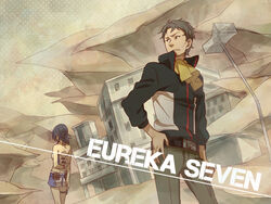  1boy arm_behind_back ascot bare_shoulders black_hair commentary_request eureka_seven eureka_seven_(series) female from_behind grey_hair hand_on_own_hip holland_novak short_hair suzaku_(zaku6584) talho_yuuki 