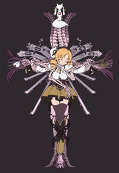  bad_id bad_pixiv_id blonde_hair breasts closed_eyes crucifixion cup drill_hair female fingerless_gloves gloves hat highres kyuubee mahou_shoujo_madoka_magica mahou_shoujo_madoka_magica_(anime) medium_breasts puffy_sleeves skeleton spine striped teacup thighhighs tomoe_mami tomoe_mami_(magical_girl) vertical_stripes yuuya_(yu-ya&#039;s) zettai_ryouiki 