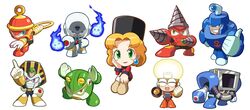  6+boys :d ^_^ anchor_symbol android arm_cannon blonde_hair blue_eyes blush_stickers boots bright_man brown_eyes chibi clenched_hand closed_eyes commentary_request dive_man drill drill_man dual_wielding dust_man earrings egyptian everyone female fighting_stance fire fur_trim glowing green_eyes grin hand_on_own_cheek hand_on_own_face hand_on_own_hip hat holding jewelry kalinka_cossack_(mega_man) kin_niku light_bulb looking_at_viewer mega_man:_powered_up mega_man_(classic) mega_man_(series) mega_man_4 multiple_boys nemes open_mouth orange_eyes parody periscope pharaoh_man pointing purple_eyes red_eyes ring ring_man robot short_hair simple_background sitting skull skull_man smile snake standing style_parody thumbs_up toad_(animal) toad_man vacuum_cleaner weapon white_background yellow_eyes 