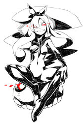  abyssal_ship armored_aircraft_carrier_princess breasts commentary_request crazy_eyes crazy_smile female full_body glowing glowing_eyes greyscale groin hair_ribbon hand_on_own_knee kantai_collection long_hair looking_at_viewer medium_breasts monochrome navel neckerchief nude ponytail red_eyes ribbon sailor_collar simple_background sitting smile solo spot_color squemezzo very_long_hair white_background 