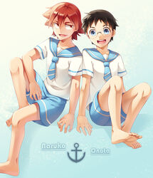  2boys anchor bad_id bad_pixiv_id barefoot black_hair blue_eyes cr72 glasses male_focus multiple_boys naruko_shoukichi onoda_sakamichi open_mouth photoshop_(medium) red_eyes red_hair sailor_collar sitting yowamushi_pedal 