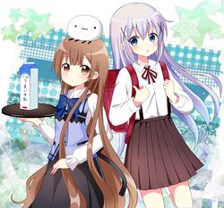  2girls :o backpack bad_id bad_pixiv_id bag black_skirt blue_bow blue_neckwear blue_vest bow bowtie brown_eyes brown_hair brown_skirt collared_shirt cosplay costume_switch gochuumon_wa_usagi_desu_ka? hair_between_eyes hair_ornament head_tilt highres holding_strap kafuu_chino kafuu_chino_(cosplay) long_hair long_sleeves looking_at_viewer milk_carton multiple_girls namori_(character) neck_ribbon oomuro_hanako oomuro_hanako_(cosplay) parted_lips pleated_skirt rabbit_house_uniform randoseru red_ribbon ribbon ryoutan school_uniform shirt skirt star_(symbol) suspender_skirt suspenders uniform very_long_hair vest waitress white_shirt x_hair_ornament yuru_yuri 