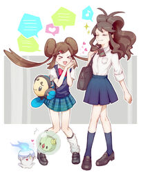  2girls bad_id bad_pixiv_id brown_hair closed_eyes double_bun hair_bun hilda_(pokemon) in-franchise_crossover kouri_(kyorosuukeeeeeee) litwick long_hair multiple_girls open_mouth photoshop_(medium) pleated_skirt pokemon pokemon_(creature) pokemon_bw pokemon_bw2 ponytail rosa_(pokemon) school_uniform shirt skirt smile solosis twintails tympole very_long_hair 