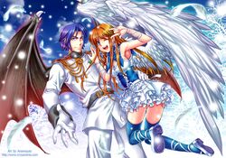  1boy absurdres angel angel_and_devil bat_wings blonde_hair blue_eyes blue_hair blue_thighhighs commentary_request cross demon earrings feathers female gloves highres jewelry jumping laughing long_hair necklace original photoshop_(medium) short_hair sky smirk songwut_ouppakarndee thighhighs tree uniform white_gloves wings winter zettai_ryouiki 