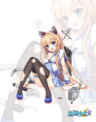  :d anchor_symbol animal_ears arm_support asymmetrical_legwear black_legwear blonde_hair blue_eyes blue_footwear blue_skirt blush breasts broken buttons cannon choker cleavage collarbone commentary_request copyright_name corset damaged dyson_(warship_girls_r) fake_animal_ears female frilled_skirt frills full_body hasu_(velicia) highres holding holding_weapon knees_together_feet_apart knees_up long_hair looking_at_viewer machinery medium_breasts miniskirt oerba_yun_fang official_art open_mouth photoshop_(medium) pleated_skirt rigging rudder_footwear sailor_collar shoes sitting skindentation skirt smile smoke solo tail thigh_strap thighhighs torn_clothes torpedo turret uneven_legwear v-shaped_eyebrows vest warship_girls_r weapon white_vest zoom_layer 