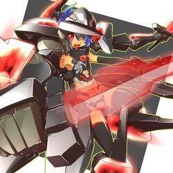  :d altines armor busou_shinki commentary_request female full_body helmet holding holding_sword holding_weapon kakikukeko leotard looking_at_viewer machinery mecha_musume open_mouth outstretched_arms revealing_clothes smile solo sword weapon 