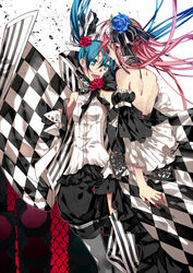  2girls aqua_eyes aqua_hair bad_id bad_pixiv_id checkered hatsune_miku long_hair megurine_luka multiple_girls pantyhose pink_hair striped_clothes striped_thighhighs thighhighs twintails vertical-striped_clothes vertical-striped_thighhighs vocaloid witchonly 