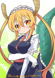  :o absurdres apron arm_across_waist between_breasts blonde_hair blush breasts commentary cowboy_shot dragon_girl dragon_tail elbow_gloves female frilled_apron frills gloves head_tilt highres horns impossible_clothes kazuta_(kazutan62) kobayashi-san_chi_no_maidragon large_breasts large_tail long_hair looking_at_viewer maid maid_apron maid_headdress necktie necktie_between_breasts puffy_short_sleeves puffy_sleeves raised_eyebrows sash scales short_sleeves sidelocks slit_pupils solo tail tohru_(maidragon) twintails twitter_username white_gloves yellow_eyes 