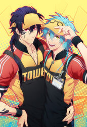  2boys adjusting_clothes adjusting_headwear alternate_hairstyle aokimutsumi apron arm_around_waist blue_hair braid commentary_request dramatical_murder hat highres koujaku long_hair multiple_boys photoshop_(medium) red_eyes scar seragaki_aoba smile tattoo visor_cap wristband yellow_eyes 