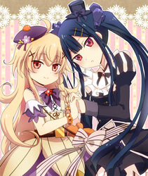  2girls ahoge belt beret black_bow black_hair black_hat black_skirt blonde_hair bow bracelet braid closed_mouth commentary_request cowboy_shot dress flower_knight_girl hair_ornament hairbow hairclip hat highres holding_hands jewelry juliet_sleeves kuko_(flower_knight_girl) long_hair long_sleeves looking_at_viewer masako_(sabotage-mode) mini_hat mini_top_hat multicolored_background multiple_girls photoshop_(medium) puffy_sleeves purple_bow purple_hat red_eyes sidelocks skirt smile star_(symbol) striped striped_background striped_bow top_hat torikabuto_(flower_knight_girl) vertical_stripes waist_bow 