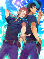  2boys bad_id bad_pixiv_id belt black_hair blue_eyes day free! future_fish grin hat lens_flare male_focus matsuoka_rin multiple_boys pointing police_hat red_eyes red_hair sei_(hanibani) sky smile yamazaki_sousuke 