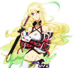  ahoge bare_shoulders blonde_hair commentary_request dyed_ahoge female green_hair kmikan long_hair midriff milla_maxwell multicolored_hair navel purple_eyes simple_background solo streaked_hair sword tales_of_(series) tales_of_xillia weapon 