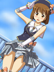  blush brown_eyes brown_hair commentary_request embarrassed female gloves hagiwara_yukiho hand_on_headwear hat idolmaster idolmaster_(classic) idolmaster_2 lielos open_mouth panties pantyshot schoolish_girl_(idolmaster) short_hair skirt skirt_tug sleeveless solo thigh_gap underwear white_panties wind wind_lift 