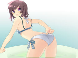  adjusting_clothes adjusting_swimsuit ass bad_id bad_pixiv_id bikini blue_eyes blush breasts brown_hair butt_crack female futsuu_no_joshikousei_ga_locodol_yattemita innertube looking_back open_mouth short_hair side-tie_bikini_bottom small_breasts solo striped_bikini striped_clothes swim_ring swimsuit uehara_(dormmmmir_) usami_nanako 