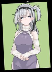  absurdres ahoge apron black_headband blue_eyes breasts commentary_request detached_sleeves female grey_apron grey_hair hachimaki headband highres kantai_collection kirishina_(raindrop-050928) large_breasts long_hair long_sleeves one_side_up solo suzutsuki_(kancolle) sweater white_sweater 