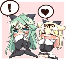  ! 2girls alternate_costume alternate_hairstyle black_ribbon black_socks black_thighhighs blonde_hair blush commentary cosplay green_eyes green_hair hair_between_eyes hair_flaps hair_ornament hair_ribbon hairclip heart jako_(jakoo21) kantai_collection kneehighs long_hair multiple_girls oerba_yun_fang outline pink_background ponytail ribbon scarf sitting smile socks speech_bubble spoken_exclamation_mark spoken_heart sweatdrop thighhighs wariza white_outline white_scarf wide_sleeves yamakaze_(kancolle) yamakaze_(kancolle)_(cosplay) yuudachi_(kancolle) yuudachi_kai_ni_(kancolle) 