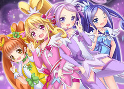  4girls aida_mana asymmetrical_clothes blonde_hair blue_eyes blue_hair boots bow bracelet brooch brown_eyes brown_hair choker commentary_request crystal_earrings cure_diamond cure_heart cure_rosetta cure_sword curly_hair dokidoki!_precure double_bun dress earrings eyelashes flower green_choker hair_bun hair_flower hair_ornament hairpin half_updo heart heart_brooch heart_hair_ornament high_ponytail hishikawa_rikka jewelry kenzaki_makoto long_hair magical_girl multiple_girls one_eye_closed open_mouth pink_arm_warmers pink_bow pink_eyes pink_sleeves ponytail precure purple_arm_warmers purple_choker purple_eyes purple_hair purple_legwear purple_skirt ribbon skirt smile spade_(shape) tamago_kago thigh_boots thighhighs twintails waist_bow wrist_cuffs yotsuba_alice 