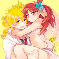  1boy ali_baba_saluja blonde_hair blush breasts carrying commentary_request couple female flower hair_flower hair_ornament long_hair looking_at_viewer magi_the_labyrinth_of_magic medium_breasts morgiana ocha_(hutuumikan) one_side_up red_eyes red_hair short_hair straight underboob yellow_background yellow_eyes 