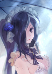  ahoge black_hair blue_flower blue_rose bow bowtie breasts brooch bzerox cleavage closed_mouth commentary_request detached_collar eyepatch female floral_print flower frills hair_flower hair_ornament hair_over_one_eye jewelry large_breasts long_hair looking_at_viewer maid_headdress original purple_eyes purple_hair rain rose rose_print solo stenciled_rose strapless swept_bangs transparent transparent_umbrella umbrella upper_body water 