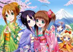  5girls :d ^^^ ahoge alma_(jewelpet_twinkle) animal_ears bad_id bad_pixiv_id black_hair blonde_hair blue_eyes blue_hair blush bow brown_eyes brown_hair cat_ears flower green_eyes hair_flower hair_ornament japanese_clothes jewelpet_(series) jewelpet_twinkle kimono long_hair looking_at_viewer miria_marigold_mackenzie mountain multiple_girls obi open_mouth own_hands_together photoshop_(medium) pink_bow sakura_akari sakura_monica sara_(jewelpet_twinkle) sash short_hair smile snake tree yuu_(derodero) 