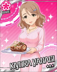  artist_request brown_hair cake card_(medium) character_name christmas earrings female flower_(symbol) food green_eyes hair_ornament hairclip idolmaster idolmaster_cinderella_girls jewelry long_hair merry_christmas necklace official_art pink_background smile solo sparkle wavy_hair yanagi_kiyora yule_log_(cake) 