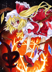  aoi_yuuka_(ao_no_kokoro) ascot blonde_hair commentary_request female fire flandre_scarlet hat hat_ribbon hexagram high_heels laevatein_(touhou) magic_circle marker_(medium) midriff open_mouth red_eyes ribbon shoes side_ponytail slit_pupils solo touhou traditional_media weapon wings 