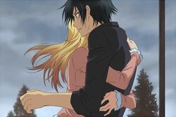  1boy black_hair blonde_hair brother_and_sister commentary_request female hug kousaka_kirino kousaka_kyousuke long_hair ore_no_imouto_ga_konna_ni_kawaii_wake_ga_nai short_hair siblings toryi 