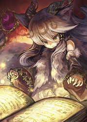  animal_ears bare_shoulders book commentary_request crescent_moon demon_horns detached_sleeves female fur_trim glowing hair_tubes horns ilmina_(p&amp;d) long_hair mirror moon photoshop_(medium) puzzle_&amp;_dragons shouma_(bravespiritya) sidelocks solo tail white_hair wide_sleeves yellow_eyes 