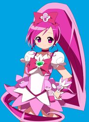  bad_id bad_pixiv_id blue_background bow brooch choker cure_blossom female hanasaki_tsubomi heart heart_brooch heartcatch_precure! high_ponytail jewelry long_hair magical_girl meiro_(yuu) pink_bow pink_choker pink_eyes pink_hair ponytail precure skirt solo 