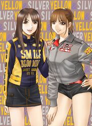  biker_clothes brown_eyes brown_hair denim denim_skirt engine_sentai_go-onger jacket long_hair multiple_girls pencil_skirt ponytail rouyama_saki sentai skirt super_sentai sutou_miu yusao 