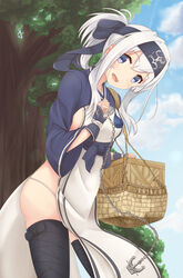  ainu_clothes anchor bandages bandana black_thighhighs blue_eyes box commentary_request crate cropped_jacket female folded_ponytail fundoshi hair_between_eyes head_tilt headband highres japanese_clothes kamoi_(kancolle) kantai_collection long_sleeves outdoors pelvic_curtain sidelocks solo thick_eyebrows thighhighs white_hair wrist_guards yoriha_yashiro 