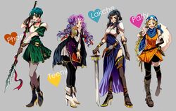  4girls armor armored_dress black_hair blonde_hair blush book boots braid commentary_request dagger fee_(fire_emblem) fire_emblem fire_emblem:_genealogy_of_the_holy_war green_eyes green_hair high_heels knife larcei_(fire_emblem) long_hair looking_at_viewer multi-tied_hair multiple_girls pantyhose patty_(fire_emblem) pauldrons polearm ponytail purple_hair scarf shoulder_armor single_braid smile spear sword thighhighs tine_(fire_emblem) tsuko_(25mnts) twintails weapon 