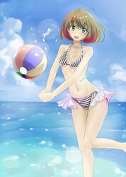  ball beachball bikini blue_eyes commentary_request female green_eyes heterochromia highres idolmaster idolmaster_cinderella_girls light_brown_hair mole mole_under_eye multicolored_hair pink_hair short_hair solo sonyntendo swimsuit takagaki_kaede two-tone_hair 