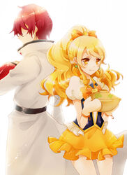  1boy back-to-back blonde_hair bow bowtie brooch coat commentary_request cure_honey earrings female gauntlets hairbow happinesscharge_precure! heart heart_brooch highres jewelry long_hair magical_girl oomori_yuuko oven_mitts phantom_(happinesscharge_precure!) precure red_hair rice_cooker skirt smile white_background wide_ponytail yellow_eyes yellow_skirt yutsuchi 