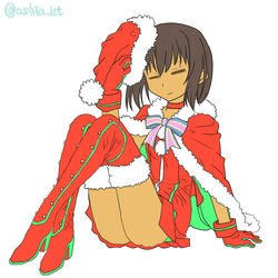  -_- ass choker christmas dress female female flat_color frisk_(undertale) full_body gloves hat high_heel_boots santa_hat santa_suit short_hair simple_background solo thigh_boots undertale white_background 