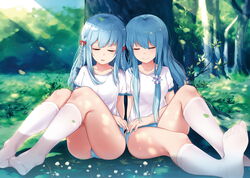  2girls ass blue_bow blue_buruma blue_hair bow braid buruma closed_mouth collarbone commentary_request day feet fubuki_(warship_girls_r) grass gym_shirt gym_uniform hair_between_eyes hair_ornament hairbow highres kneehighs long_hair multiple_girls no_shoes on_grass outdoors parted_lips red_bow shirayuki_(warship_girls_r) shirt short_sleeves side-by-side sitting smile socks soles stardust_(chen&#039;ai_weiding) toes tree warship_girls_r white_shirt white_socks 