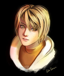  black_background blonde_hair commentary english_commentary female freckles geravass heather_mason jacket lips nose photoshop_(medium) portrait short_hair signature silent_hill_(series) silent_hill_3 solo turtleneck yellow_eyes 