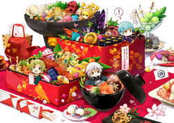  ! 3boys :d :t akeome armor bathing bird blue_hair bowl box cherry_blossoms chibi chin_strap chopsticks commentary_request cup eating eyepatch flag floral_print flower food fox gohei green_eyes green_hair hand_fan haori happy_new_year hat heart hirai_yuzuki ichigo_hitofuri ima-no-tsurugi in_bowl in_box in_container in_food inarizushi iwatooshi japanese_armor japanese_clothes kamekichi kashuu_kiyomitsu katana konbumaki looking_at_viewer lotus_root lunchbox male_focus masu md5_mismatch mini_person miniboy multiple_boys mutsu-no-kami_yoshiyuki nakigitsune&#039;s_fox new_year objectification oonusa open_mouth osechi petals photoshop_(medium) plate plover_(animal) pom_pom_(clothes) pot resolution_mismatch shinsengumi shishiou_no_mofumofu shoulder_armor shrimp simple_background smile sode soup source_larger speech_bubble spoken_exclamation_mark stole sushi sword teapot tokin_hat touken_ranbu translated tsurumaru_kuninaga turtle uguisumaru weapon white_background white_hair yamanbagiri_kunihiro yamato-no-kami_yasusada yellow_eyes 