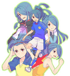  1boy alternate_hairstyle blue_hair brown_eyes collage commentary_request full_body hair_down hair_over_one_eye hairband inazuma_eleven inazuma_eleven_(series) kazemaru_ichirouta long_hair male_focus photoshop_(medium) shiho_(pixiv) smile soccer_uniform solo sportswear 