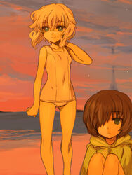  2girls :&lt; am_isuel ass_visible_through_thighs beach blonde_hair brown_hair cloud covered_navel crook_mofus green_eyes hair_over_one_eye hood hoodie imageboard_desourced jacket multiple_girls non-web_source nose_shade ocean one-piece_swimsuit orion_(orionproject) rance_(series) rance_quest rance_quest_magnum school_swimsuit short_hair sitting sky smile standing sunset swimsuit twilight 