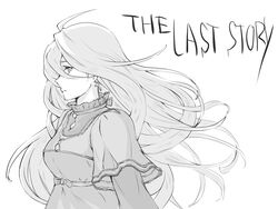  aq_interactive breasts dress earrings female female jewelry kanan_(the_last_story) long_hair mistwalker monochrome nanetan nintendo simple_background solo the_last_story 